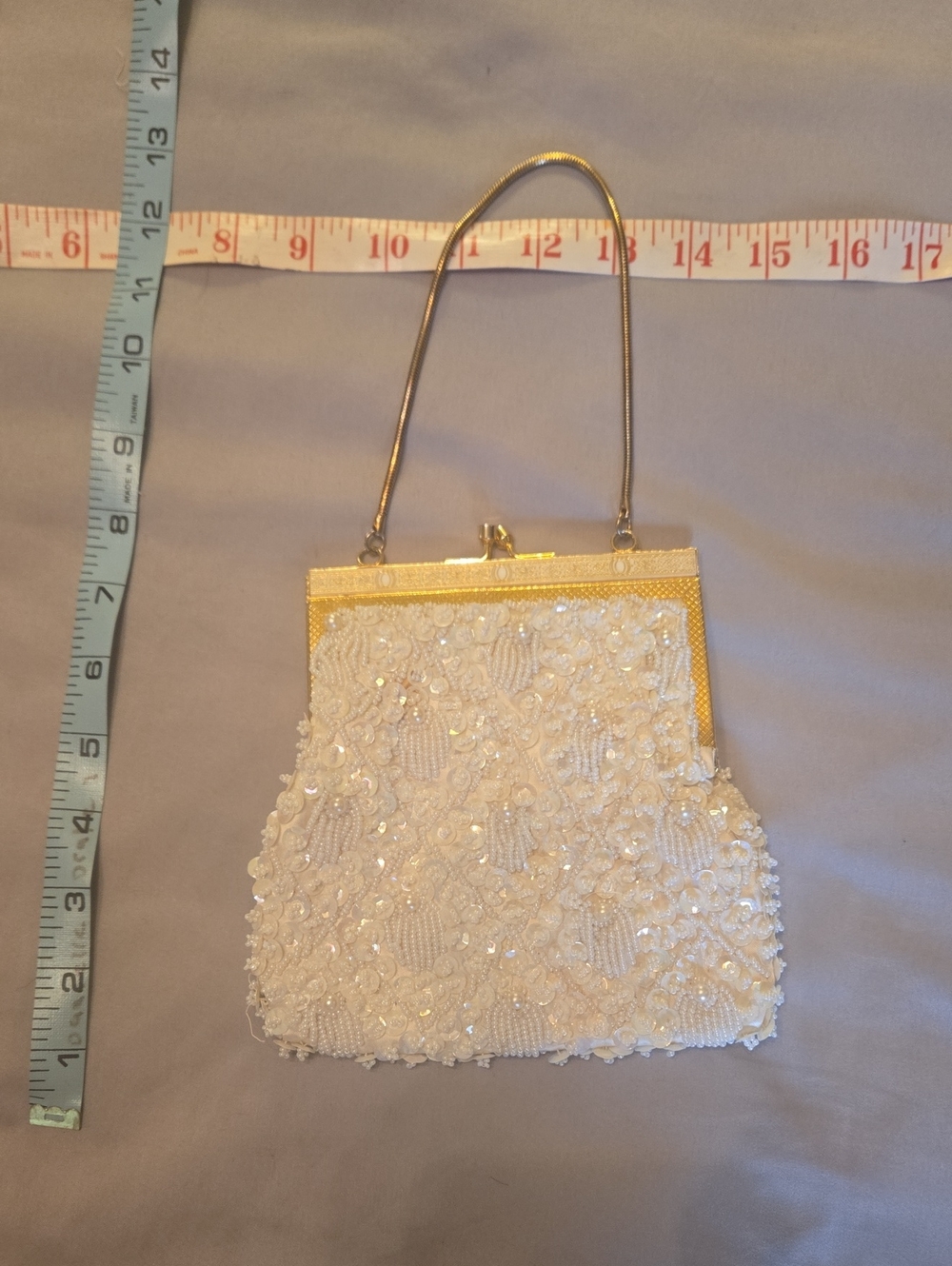 Vintage Ivory Beaded Evening Bag with Gold Frame